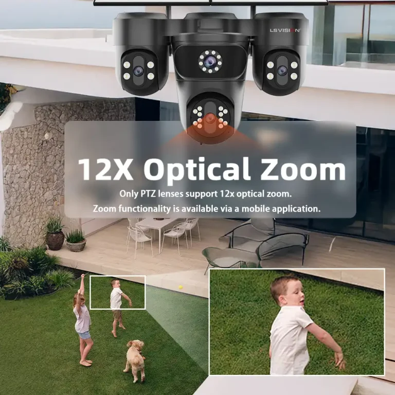 PTZ solar camera with 12x optical zoom for long distance surveillance and detail capture