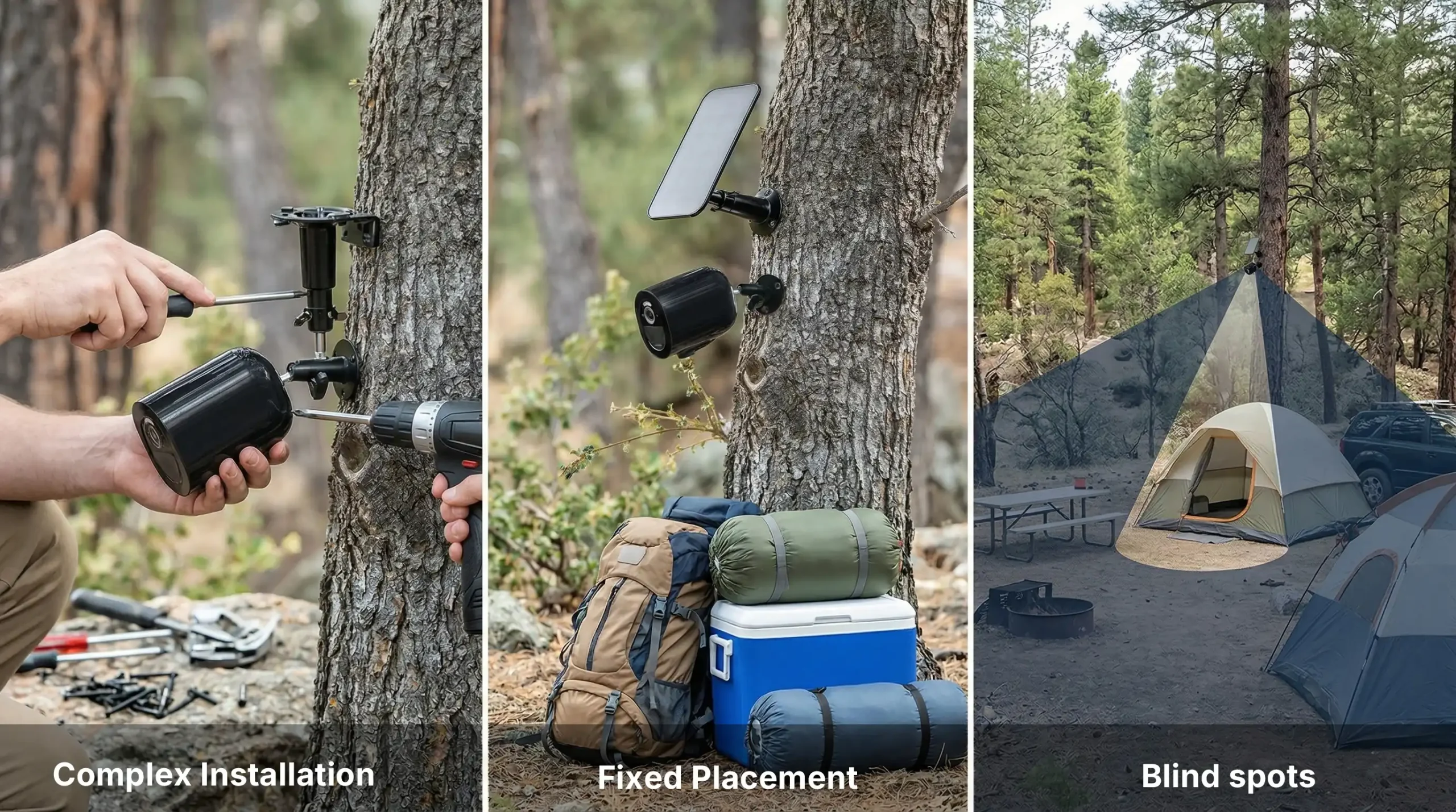 traditional outdoor camera installation on tree with bracket showing limited mounting options and fixed surveillance coverage