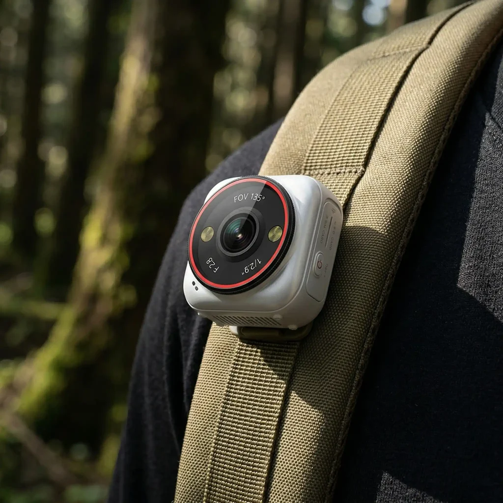 LS-AOV-PC1 wearable outdoor security camera attached to backpack strap for portable monitoring during hiking